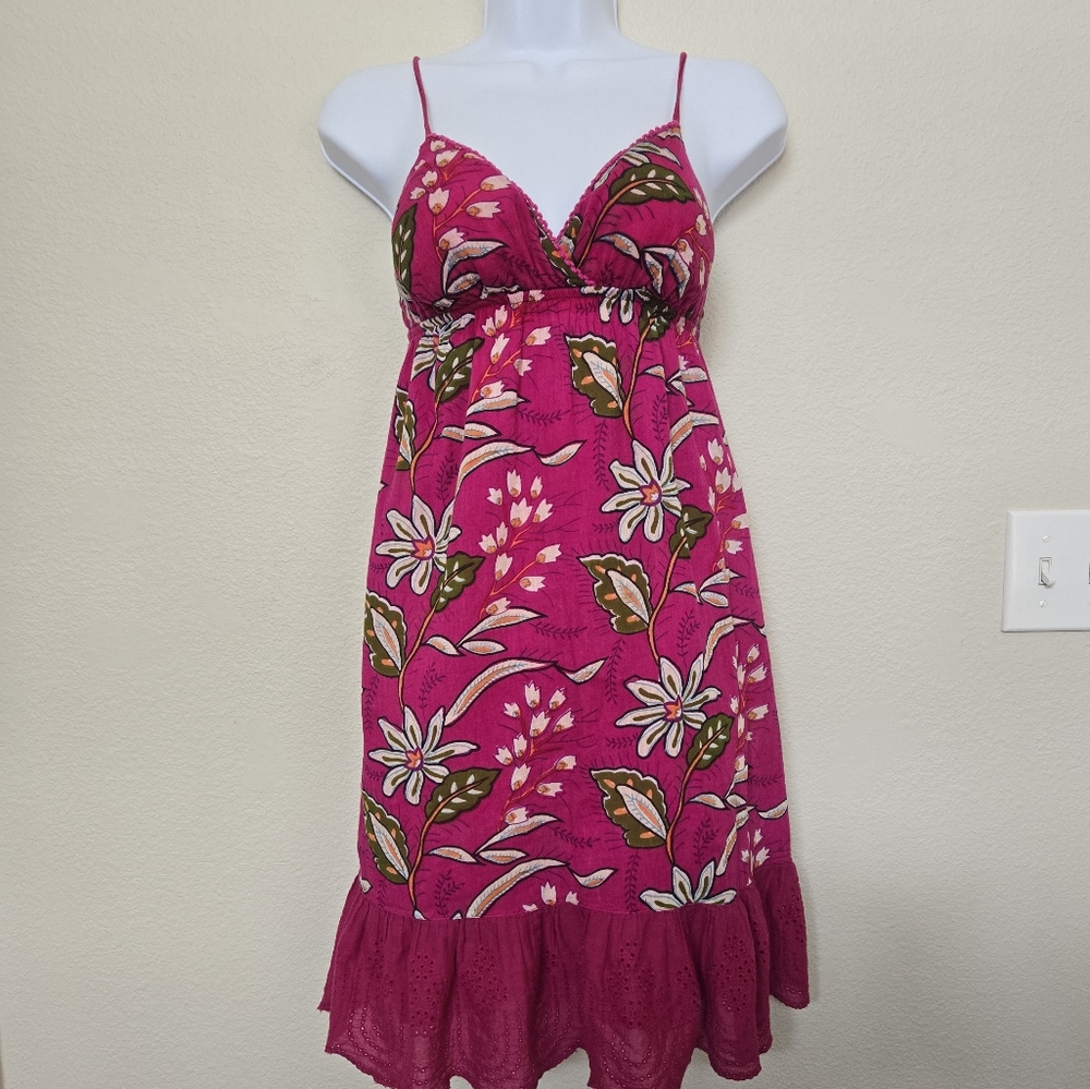 Vintage Y2K Derek Heart Floral Pink Cotton Dress Ruffled Hem XS Hawaiian Summer